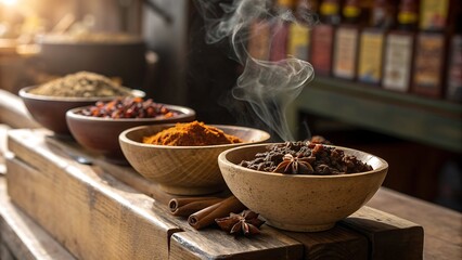 Steaming bowls of aromatic spices for culinary use