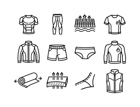 High-Performance Clothing Icons. High-Performance Clothing. Line icon set of High-Performance Clothing: compression shirt, athletic leggings, breathable fabric