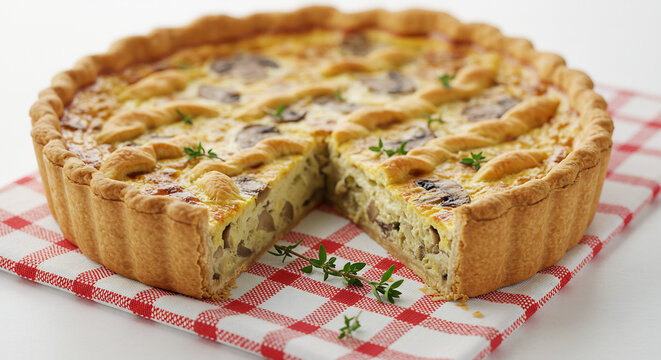 Quiche aux champignons dor�e et croustillante garnie de thym frais tranche coup�e pr�te � d�guster lumi�re naturelle douce. AI Generated