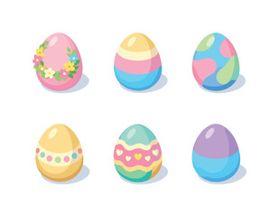 Pastel Easter Egg Icons. Pastel Easter eggs. Isometric flat vector icons set of pastel Easter eggs: floral wreath Easter egg, soft stripe pastel Easter egg,