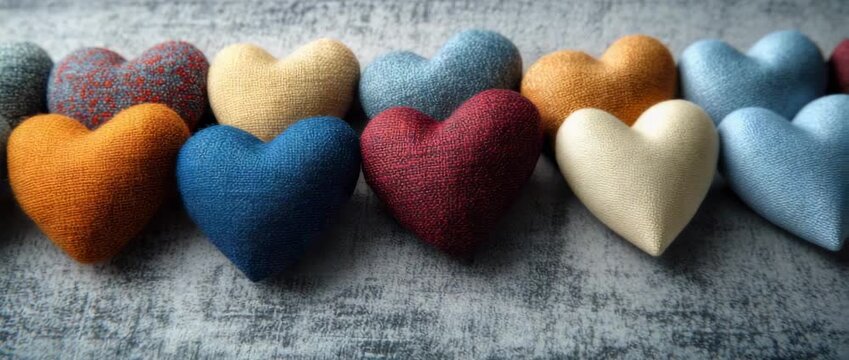 Colorful fabric hearts arranged in a row on a textured surface for decoration and craft inspiration