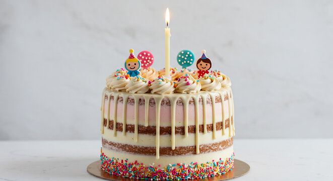 G�teau d'anniversaire festif et color� avec des d�corations amusantes et une bougie allum�e sous une douce lumi�re ambiante. AI Generated