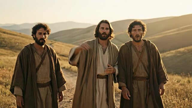 Jesus Christ Walking in Grassy Field Pointing and Teaching Two Bearded Disciples about Kingdom of God Depicting Sending of Apostles or Missionary Journey in New Testament Biblical History