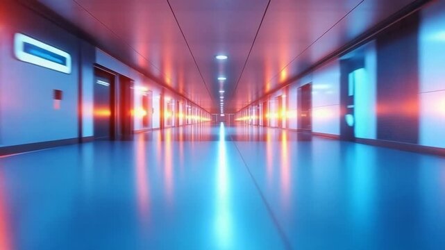 Long corridor with elevators and bright lights at night in a modern building