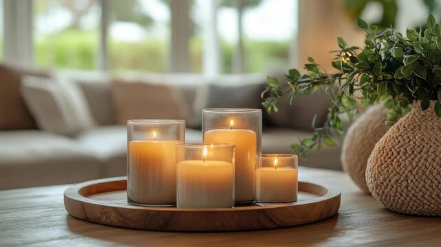 Candle arrangement on a wooden tray in a bright living room with a view of green trees