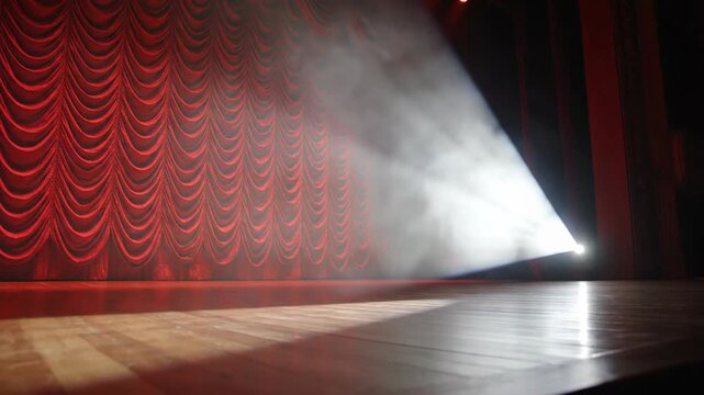 Dramatic red stage curtain illuminated by spotlight for performance background