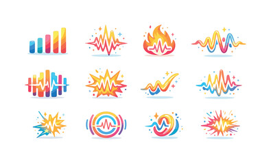 Obraz premium Colorful Audio Energy Icons. Audio energy. Colorful flat vector icons set of audio energy: intensity bar, bold frequency spike, audio flame, tonal surge, power