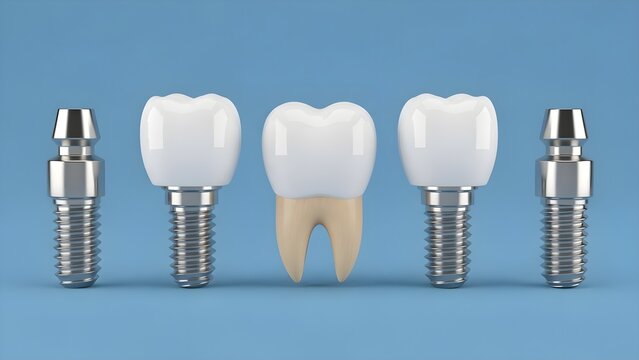 Detailed three dimensional illustration showcasing dental implants abutments and a natural molar tooth structure used for restorative dentistry procedures on white background