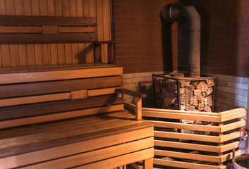 Wooden steam room in sauna.