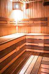Wooden steam room in sauna.