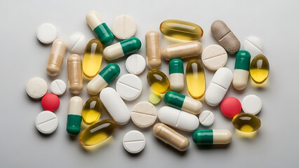 Assorted pills and capsules scattered on a surface viewed from directly above