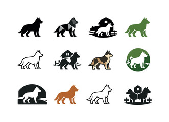 Fototapeta premium Farm Dog Logos. farm dog. Icon set. Set Logo of farm dog: shepherd dog stance. harmonious logo variations of the same emblematic concept, each with different