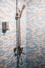 A sleek metal shower attached to a colorful mosaic tile wall.