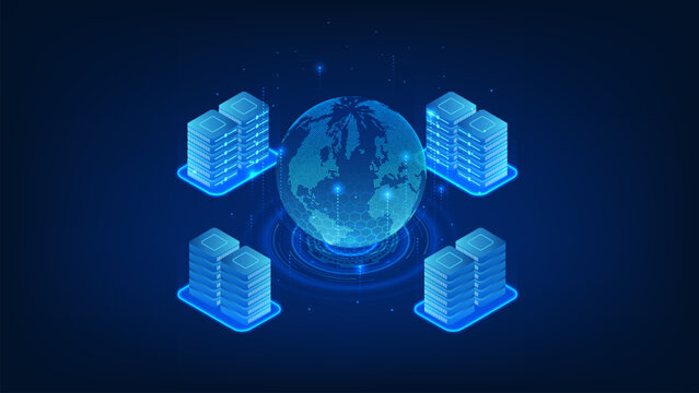 Space Data Center Technology Concept with Servers Orbiting Earth, Global Cloud Computing, Futuristic Network Infrastructure, Satellite Data Storage and Digital Transformation