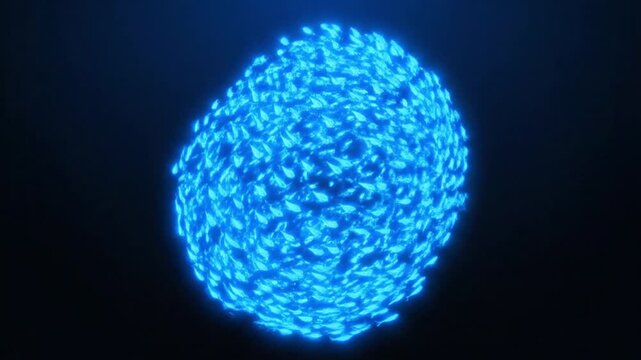 School of fish forming a bait ball, rendered as glowing neon dashes. 4k video