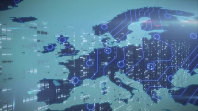 Digital map of Europe with network connections and data processing animation