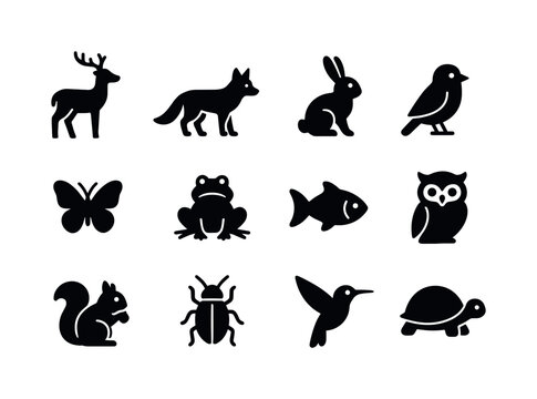 Valley Fauna Icons. Valley fauna. Solid icon set of Valley fauna: deer, fox, rabbit, bird, butterfly, frog, fish, owl, squirrel, beetle, hummingbird, turtle.