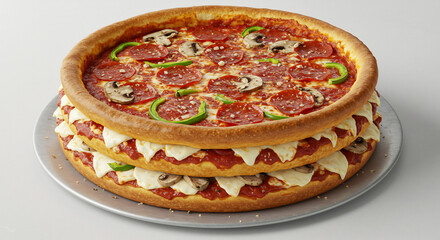 Pizza etageree gourmande aux saveurs intenses superbement presentee sous lumiere eclatante studio. AI Generated