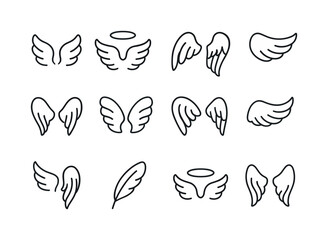 Naklejka premium Angel Wings Icons Grid. Angel wings. Line icon set of angel wings: airy wing, floating aura, soft plume pattern, wing shape symbol, halo accent, layered