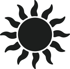 Black Silhouette Sunshine Icon with Wavy Rays on White Background symbol graphic