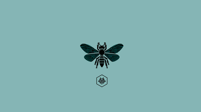 A stylized bee illustration with teal wings and a honeycomb emblem on a teal background