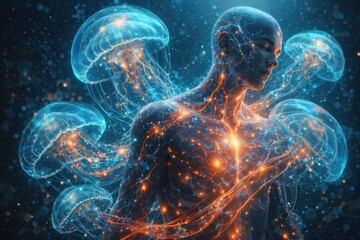 Futuristic human figure with translucent skin and glowing neural energy, surrounded by bioluminescent jellyfish. Concept of consciousness, technology, biology and deep sea surrealism.
