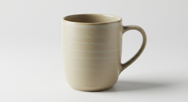 Tasse en gres beige aux lignes verticales subtiles mise en valeur par un eclairage doux et lumineux en studio. AI Generated