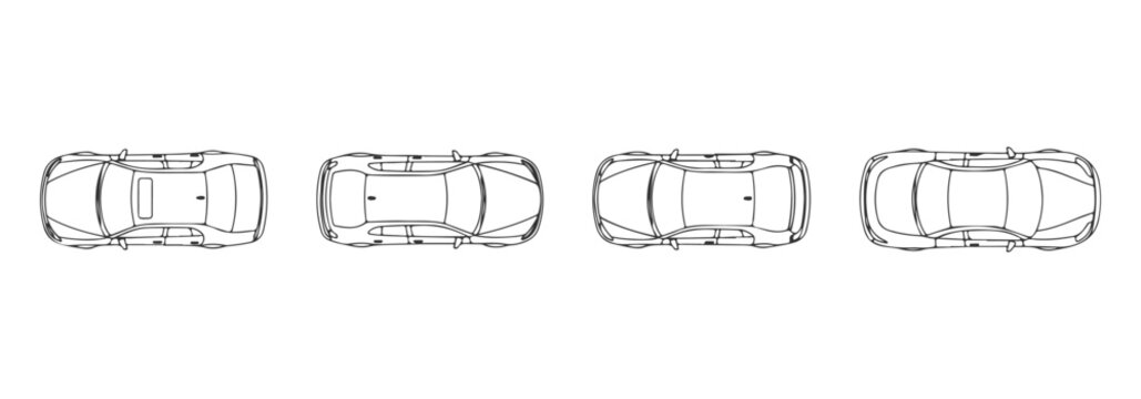 Top view cars CAD drawings, sedan hatchback SUV coupe, architectural plan symbols, black outline only, vector &ndash; Premium Architectural CAD Vector Collection