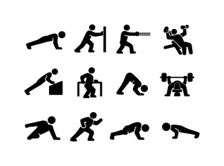 Obraz premium Push Workout Icons. Push workout. Solid icon set of Push workout: push up exercise, chest push, arm extension, fitness movement, strength training push,