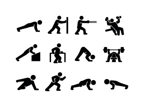 Push Workout Icons. Push workout. Solid icon set of Push workout: push up exercise, chest push, arm extension, fitness movement, strength training push,