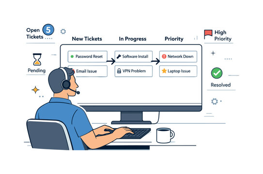 Helpdesk Ticket Workflow. IT helpdesk ticket management. Support agent reviewing incoming requests and priorities on a screen, focused and responsive mood.