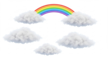 Naklejka premium Arc-en-ciel �clatant et nuages cotonneux flottant sur un fond blanc pur rendu 3D avec une lumi�re claire. AI Generated