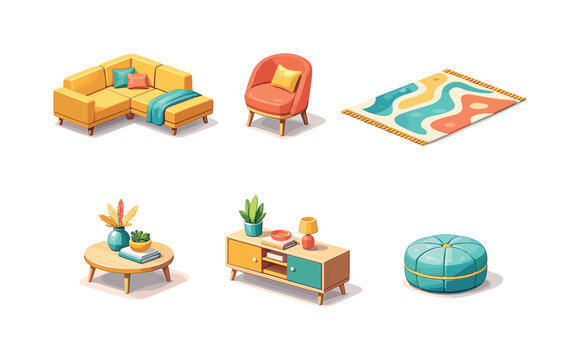 Bold Furniture Layout. Living Room Design. Isometric flat vector icons set of Creating a Focal Point with Bold Furniture Pieces: sectional sofa, accent chair,