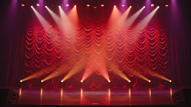 Dramatic theater stage with red curtain and spotlights