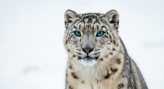 Majestueux l�opard des neiges aux yeux bleus per�ants fixant la cam�ra sous une lumi�re naturelle douce et diffuse.. AI Generated