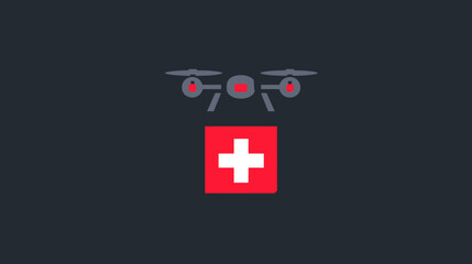 Obraz premium A gray drone with red accents carries a red and white cross against a dark gray background