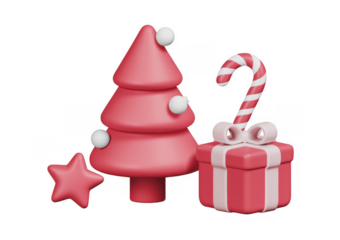 Pink Christmas tree and gift present isolated on a transparent background