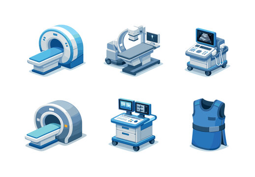 Medical Equipment Icons. Medical care objects. Isometric flat vector icons set of medical care objects: MRI scanner, X-ray machine, ultrasound device, CT