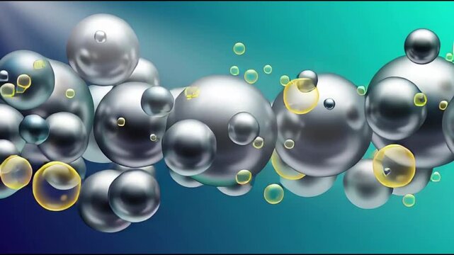 A collection of reflective metallic spheres with varying sizes and subtle highlights against a blue-green gradient background from a slightly angled viewpoint