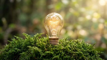 Illuminated light bulb on green moss in forest with blurred background  eco friendly concept