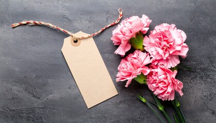 Pink Carnations with Blank Gift Tag on Dark Background.