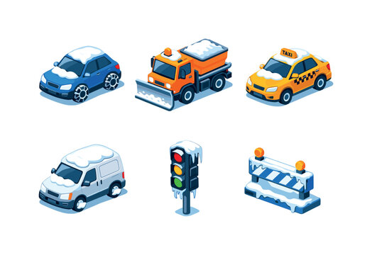 Winter Road Transport Icons. Winter road transport. Isometric flat vector icons set of winter road transport: car with snow chains, city snowplow truck, winter