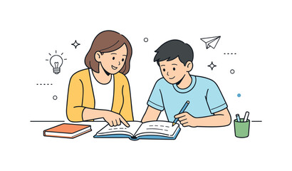Guided Learning Illustration. Guided learning process. Instructor supporting a student one-on-one, pointing at notes or a workbook. Trustful focused