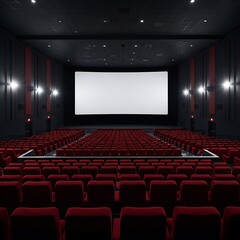 Obraz premium Empty Movie Theater - Rows of Red Seats Facing a Large White Screen.