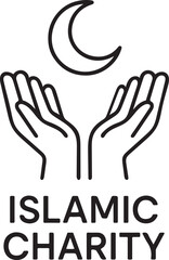 Obraz premium Isolated islamic charity landing header icon, donation website hero helping hands crescent moon silhouette, islamic charity minimal line vector isolated design, isolated charity header illustration