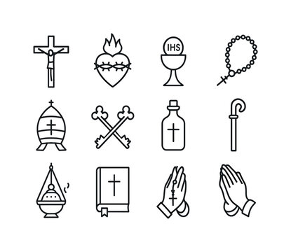Catholic Icons Collection. Catholic symbols. Line icon set of Catholic symbols: crucifix, sacred heart, chalice, host, rosary, papal tiara, keys of heaven,