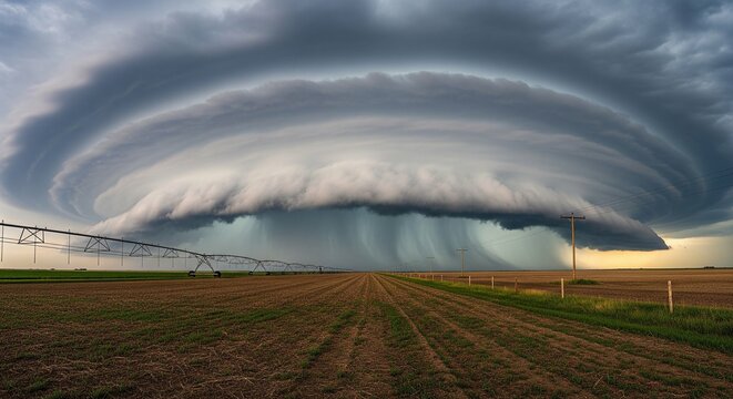 A massive rotating supercell thunderstorm looms over a vast rural landscape at sunset.