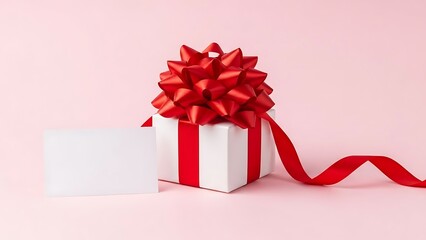 Elegant red bow adorning a white gift box with a blank note card