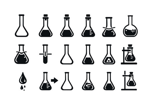 Iconic Flasks Grid. Volumetric flasks. Solid icon set of Volumetric flasks: volumetric flask, flask with stopper, graduated flask, solution fill line, meniscus