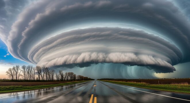 A massive supercell thunderstorm with a rotating mesocyclone looms over a wet rural road.